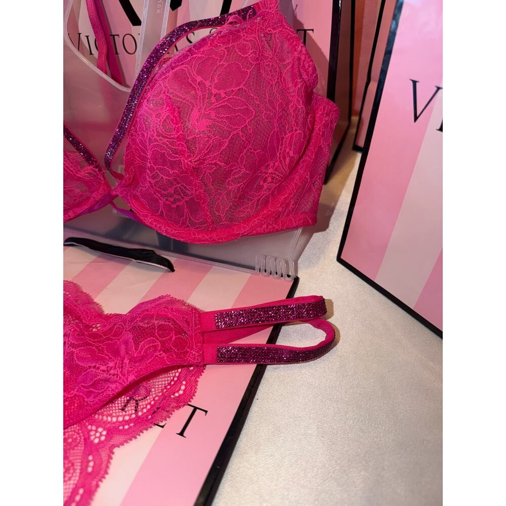 Victorias Secret Bra Very Sexy Bling Strap Set Pink Fusia 32B Small Thong - Picture 5 of 9
